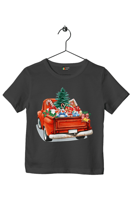 Футболка дитяча з принтом "Авто з подарунками". Автомобіль, новий рік, подарунки, різдво, санта, ялинка. 2070702