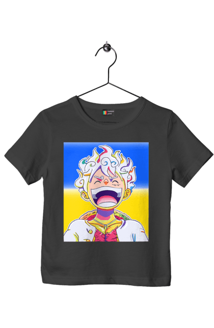 Футболка дитяча з принтом "Монкі д Луффі сміється на жовто блактному фоні". Ван піс, луффі, монкі д. луффі, прапор україни, символ україни, україна. 2070702