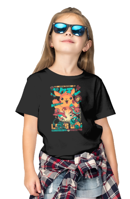 Children's t-shirt with prints Pokemon. Adventure master, adventures in youth, anime, boy eh, combat dimension, diamond and pearls, fate of rivals, galactic battles, games, pokemon, pokemon bulbasaurus, pokemon charmander, pokemon series, pokemon squirt, white and black, x and y, xy z. 2070702