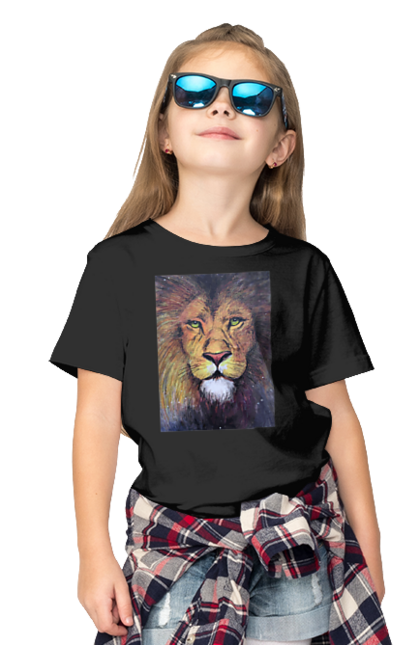Футболка дитяча з принтом "Лев". Великий кіт, голова, дика природа, звір, знак зодіаку, знаки зодіаку, зодіак, крейда, лев, морда, олівець, природа, стилізований, стиль, тварина, хижак, хижий. ART принт на футболках