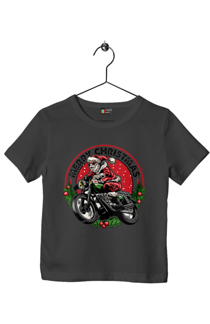 Футболка дитяча з принтом "Щасливого Різдва, дід мороз на мотоциклі". 2022, дід мороз, зима, мотоцикл, новий рік, подарунки, різдво, санта, сніг. 2070702