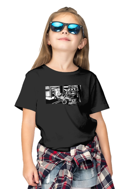 Children's t-shirt with prints Dangerous Car on the roads of the streets. Black and white, car, dangerous, fast, machine, race. 2070702