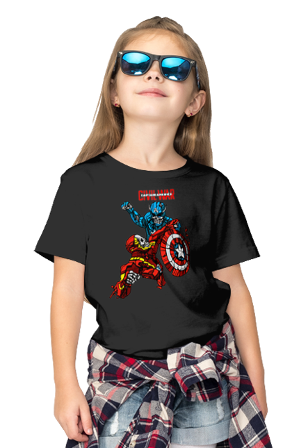 Children's t-shirt with prints Iron Man vs Captain America. Avengers, captain america, civil war, comic, comics, film, iron man, marvel, marvel comics, tony stark. 2070702