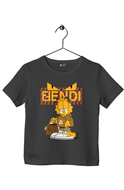 Футболка детская с принтом Fendi Гарфилд. Fendi, garfield, бренд, гарфилд, дом моды, италия, люкс, мода, сумка, фенди. 2070702