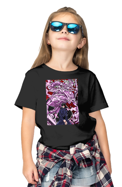 Children's t-shirt with prints Jujutsu Kaisen Megumi. Anime, dark fantasy, fushiguro, fushiguro megumi, jujutsu kaisen, magic battle, manga, megumi, mystic. 2070702