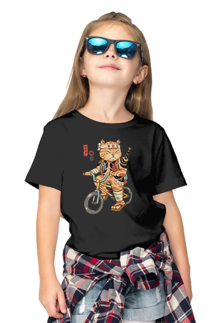 Футболка дитяча з принтом "Кіт на велосипеді". Велосипед, кинжал, китайський кіт, кіт, самурай, шабля, японський кіт. CustomPrint.market