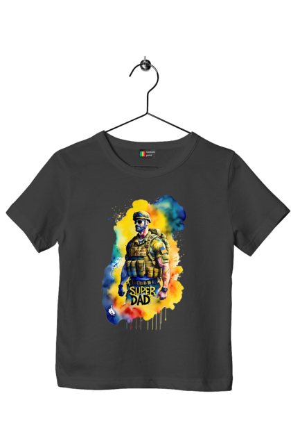 Футболка дитяча з принтом "Супер тато ЗСУ". День батька, день тата, зсу, люблю тата, супер, супер тато, супер тато зсу, тато, тато зсу, україна. 2070702