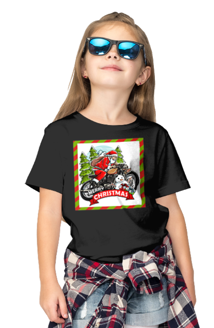 Футболка дитяча з принтом "Санта на мотоциклі". Мотоцикл, новий рік, подарунки, різдво, санта, сніговик, ялинка. 2070702