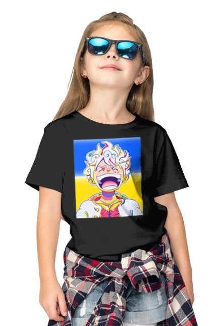 Monkey D Luffy laughing on a yellow blue background