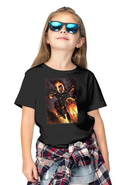 Футболка дитяча з принтом "Пекельний Гонщик". Вогонь, мотоцикл, пекельний гонщик, скелет, чоппер. 2070702