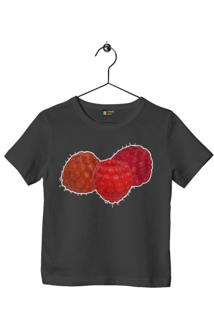 Футболка дитяча з принтом "Малина". Веган, вегетаріанець, делікатес, дієта, їжа, літо, малина, плід, смачно, стигла, червона, ягода. 2070702