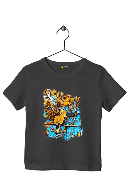 Футболка дитяча з принтом "Жовті квіти на синьому фоні". Арт, жовтий та синій, жовті квіти, жовто-синій, квіти, малюнок, природа, синій та жовтий, синьо-жовтий. 2070702