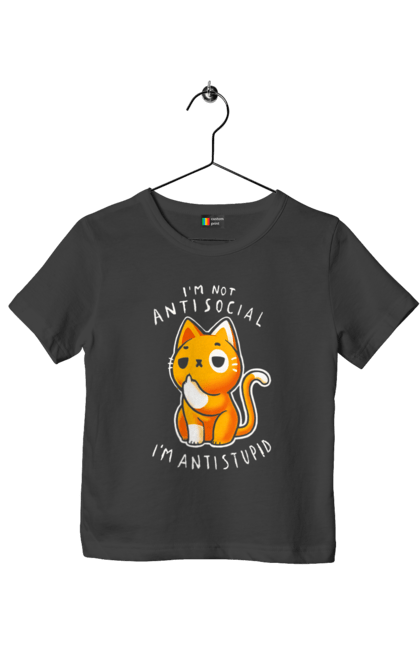 Children's t-shirt with prints I'm not antisocial, I'm antistupid. Antisocial, antistupid, cat, cynicism, hate, humor, irony, joke, meme, sarcasm. 2070702