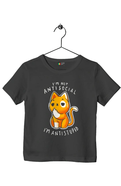 Children's t-shirt with prints I'm not antisocial, I'm antistupid. Antisocial, antistupid, cat, cynicism, hate, humor, irony, joke, meme, sarcasm. 2070702