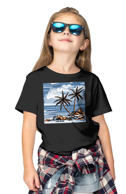 Футболка дитяча з принтом "Пальми І Небо". Море, небо, пальми, хмари. 2070702