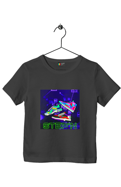 Футболка дитяча з принтом "Step`n". Віртуальні кросівки, крипта, криптовалюти, нфт, нфт кросівки, солана, степен. 2070702