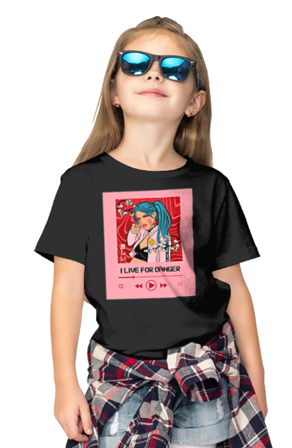 Футболка дитяча з принтом "I Live For Danger". Аніме, музика, пістолет, програвач. 2070702