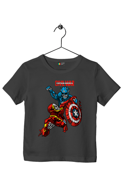 Children's t-shirt with prints Iron Man vs Captain America. Avengers, captain america, civil war, comic, comics, film, iron man, marvel, marvel comics, tony stark. 2070702