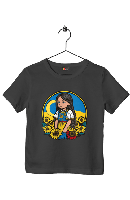 Футболка дитяча з принтом "Мила Українська дівчинка". Блакитний, жовтий, жовто-блакитний, зроблено в україні, патріот, патріоти україни, підтримую україну, прапор україни, україна, українська дівчинка. 2070702