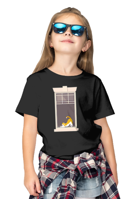 Футболка дитяча з принтом "Кіт В Вікні". Вікно, кіт, потягушки, рудий. 2070702