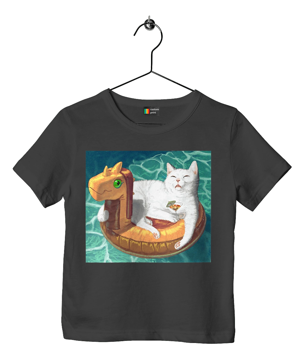 White cat in a swimming circle on vacation