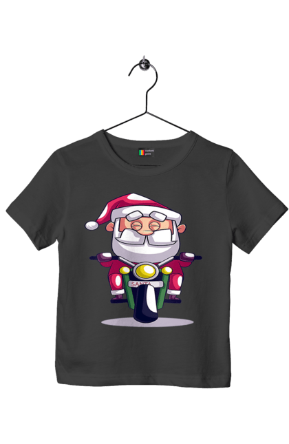 Футболка дитяча з принтом "Щасливий Санта на мотоциклі". 2022, дід мороз, зима, мотоцикл, новий рік, різдво, санта, сніг. 2070702