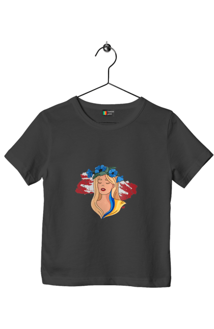 Футболка дитяча з принтом "Дівчина на карті України". Дівчина, дівчина на карті, жовтий, карта україни, квіти, прапор, синій, україна, червоний. 2070702