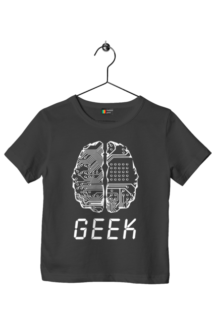 Футболка дитяча з принтом "Гик Мозок". Айті, айтішник, гик, знання, інженер, кібер, кібернетика, кіборг, код, комп, комп’ютерник, кристал, мікросхема, мозок, програміст, професіонал, професссія, розробник, розум, чіп. 2070702