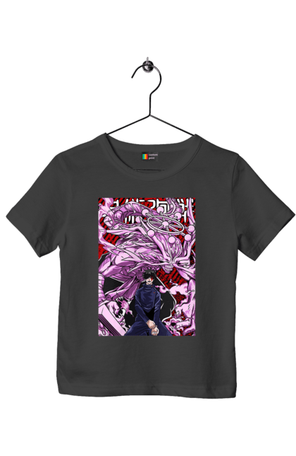 Children's t-shirt with prints Jujutsu Kaisen Megumi. Anime, dark fantasy, fushiguro, fushiguro megumi, jujutsu kaisen, magic battle, manga, megumi, mystic. 2070702