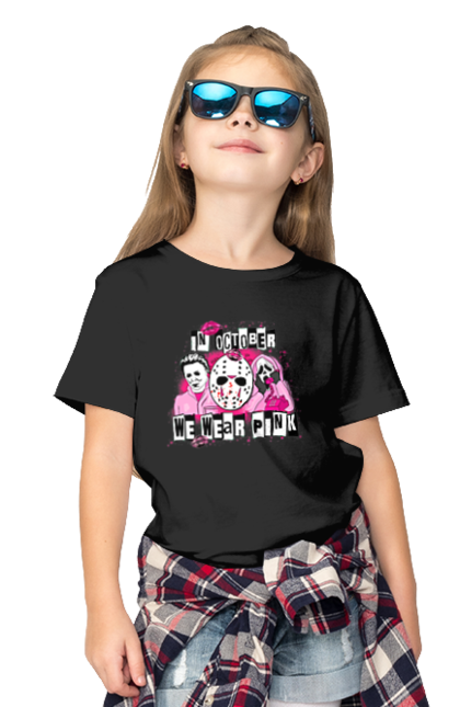 Children's t-shirt with prints In October we wear pink. Costume, halloween, holiday, horror, october, october 31, pink, villains. 2070702