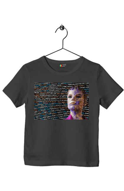 Футболка дитяча з принтом "Штучний Розум". Айті, айтішник, гик, жінка, знання, інженер, інтелект, кібер, кібернетика, кіборг, код, комп, комп`ютерник, кристал, машинне навчання, мікросхема, мозок, портрет, програміст, професіонал, професія, розробник, розум, світиться, світло, хакер, чіп, штучний інтелект, штучний розум. 2070702