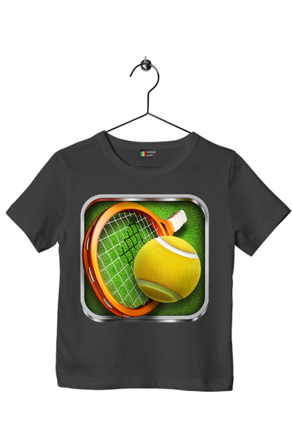 Футболка дитяча з принтом "Теніс". Великий теніс, гравці, лондон, м`яч, призовий фонд, ракетка, спонсор, турнір на ґрунті, турнір на траві, турнірна сітка. 2070702
