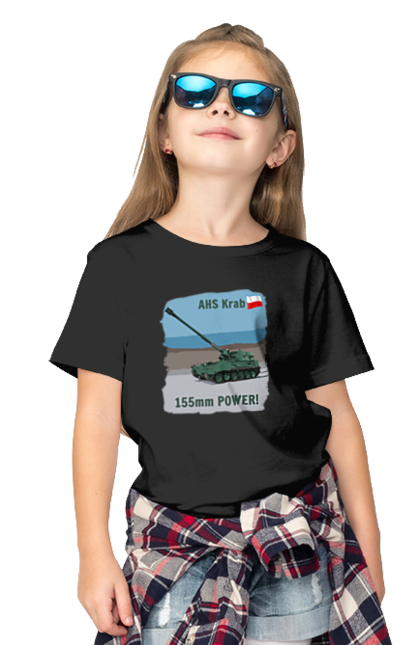 Футболка дитяча з принтом "155mm Power! САУ Krab оливковий". Ahs krab, артилерія, гаубиця, краб, польща, сау. 2070702
