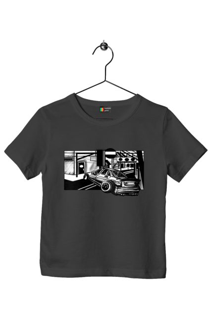 Children's t-shirt with prints Dangerous Car on the roads of the streets. Black and white, car, dangerous, fast, machine, race. 2070702