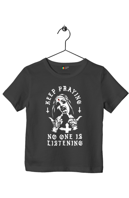 Футболка детская с принтом Продолжай молиться никто не слушает. Крутая, модная, молодежная, монашка, никто не слушает, продолжай молиться, стильная, фак. 2070702