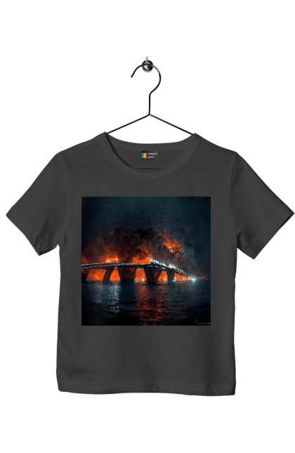 Футболка дитяча з принтом "Кримський мост горить". Армія росії, армія україни, годить, зсу, крим, мост, удар, удар зсу. 2070702