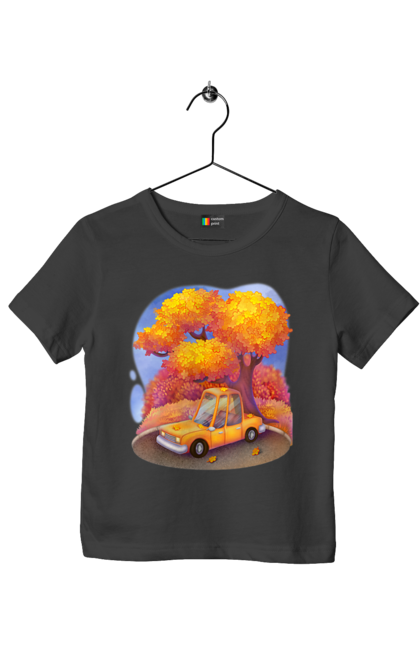 Футболка дитяча з принтом "Осiнь Авто Дерево". Дерево, жовтий мила ілюстрація, машина, осінь, помаранчевий. 2070702