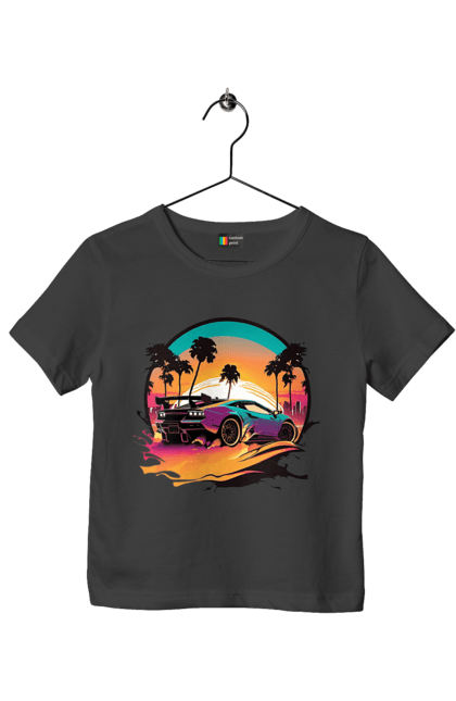 Футболка дитяча з принтом "Ламборджині Сінтвейв". Авто, автомобіль, ламба, ламборджині, машини, сінтвейв. 2070702