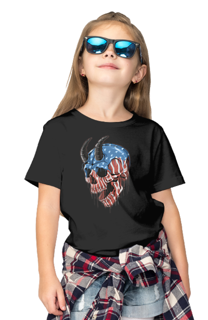 Children's t-shirt with prints Skull with horns. America, bones, dye, flag, horns, scull, states, teeth, usa. 2070702