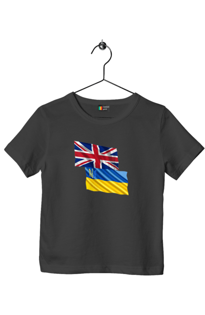 Children's t-shirt with prints Flag United Kingdom, Flag Ukraine, Support Ukraine. Flag united, flag united kingdom, global peace, great britain, kiev, national colors, national team, peace for ukraine, proud grandpa, support ukraine, ukraine, ukraine flag, ukraine war, united kingdom, war, zelensky. 2070702