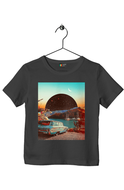 Футболка дитяча з принтом "Картина, машина біля річки". Картина, машина, планета, прикол, ретро, річка. 2070702