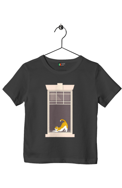 Футболка дитяча з принтом "Кіт В Вікні". Вікно, кіт, потягушки, рудий. 2070702