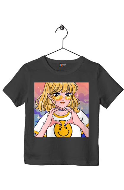 Футболка дитяча з принтом "Жовта Дівчинка". Аніме, дівчинка, смайл. 2070702