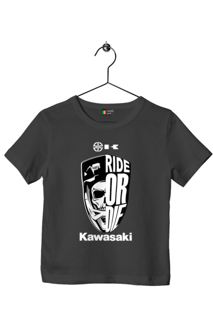 Футболка дитяча з принтом "Kawasaki". Kawasaki, ride or die, бренд, мотоцикл, спорт, череп. futbolka.stylus.ua