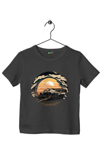 Футболка дитяча з принтом "Додж на заході сонця". Авто, автомобіль, додж, машина, машини. 2070702