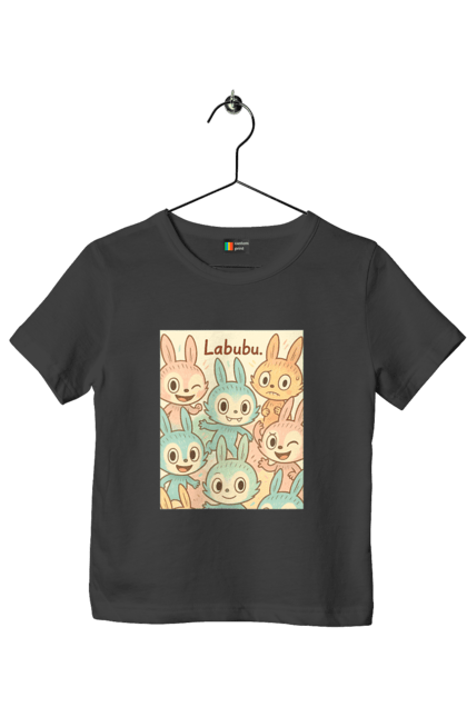 Футболка дитяча з принтом "Лабубу". Безтурботно, грайливо, дизайнперсонажу, каваї, лабубу, милі мистецтво, ніжні відтінки, пастельніквіти, стиль мультфільму, чарівно. 2070702