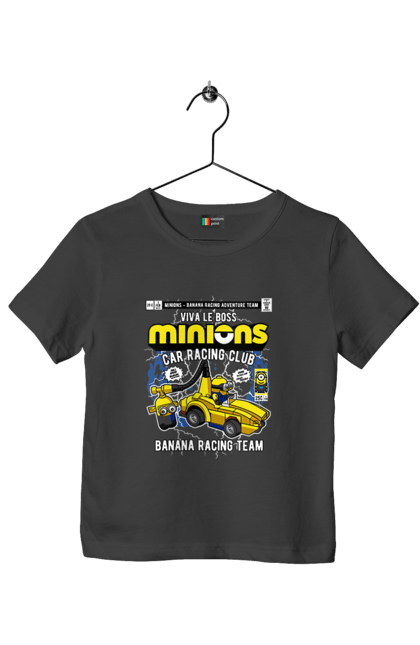 Футболка дитяча з принтом "Minions Banana Racing Car". Банан, гоночний автомобіль, міньйон, міньйони. Funkotee