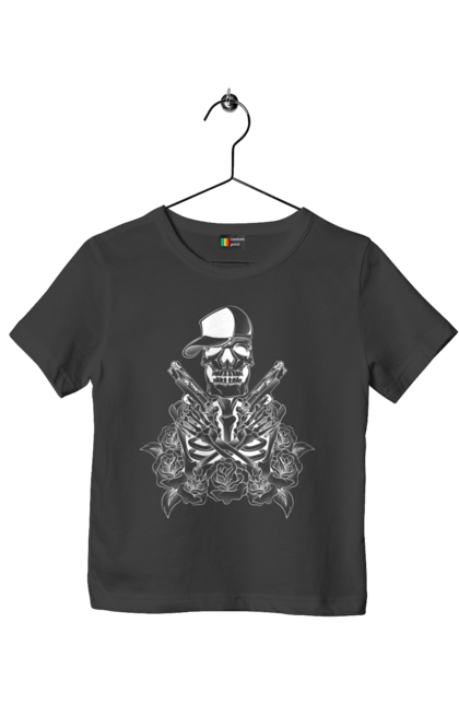 Children's t-shirt with prints Skeleton with pistols. Black and white, bones, cap, gun, roses, scull, skeleton, teeth. 2070702