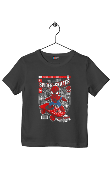 Футболка дитяча з принтом "Spiderman Skateboard". Герой, дивуватися, комікси, людина, людина-павук, павук, супергерой. Funkotee