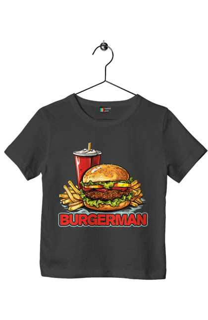 Футболка дитяча з принтом "Burgerman". Бургер, для чоловіків, їжа, літні, макдональдс, прикольні, трендові, фаст фуд, чоловічі. 2070702
